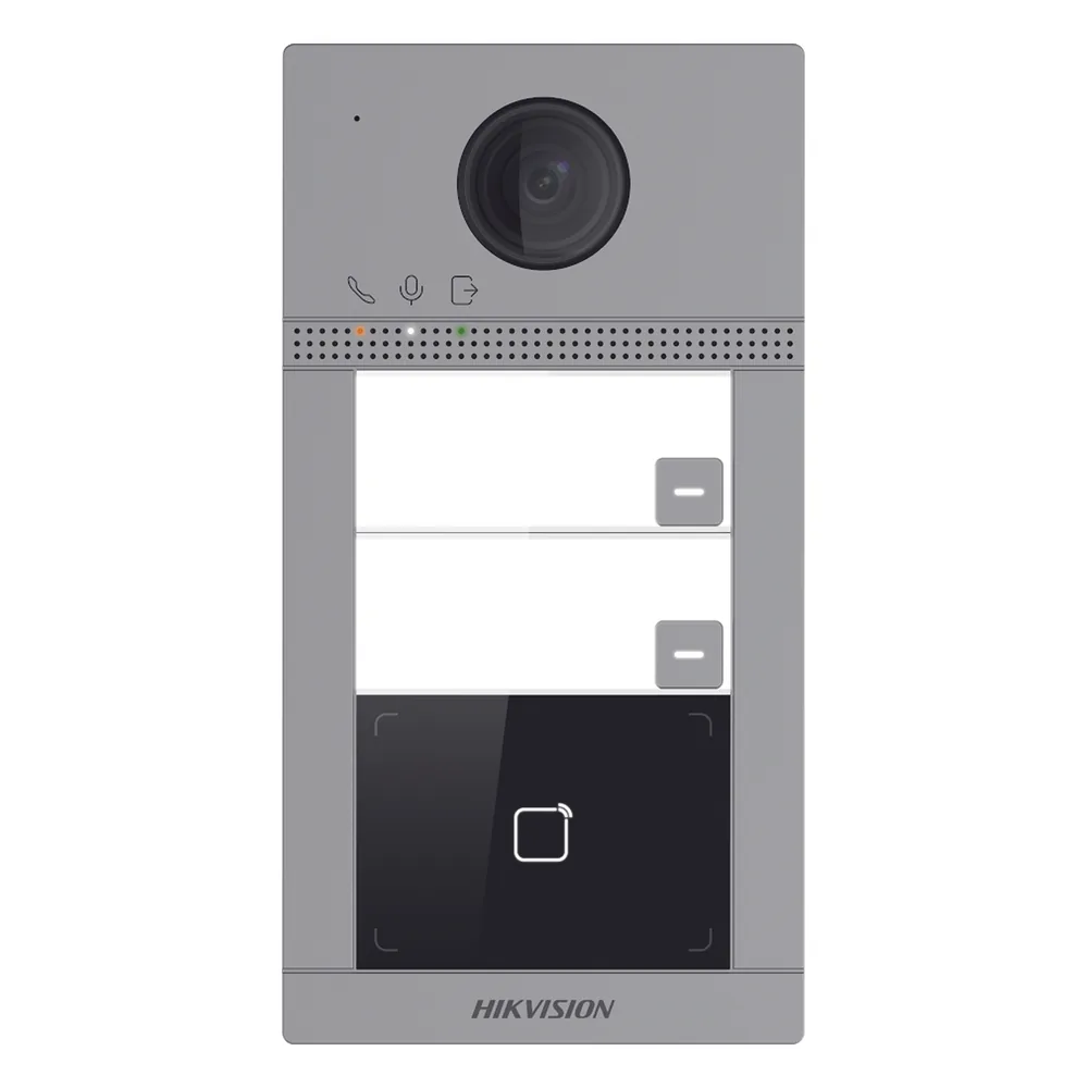 Videoportero IP (IP65 + IK08) con Llamada y apertura desde APP Hik-Connect / Soporta 2 Departamentos / PoE Estandar / Interfaz WEB para configuración / 2 puertas