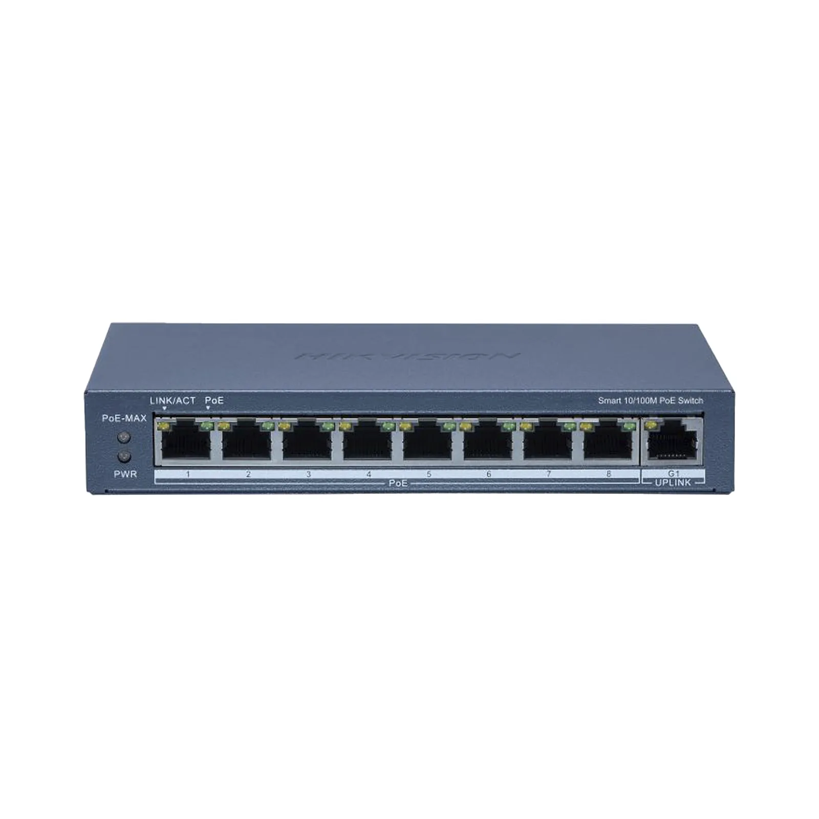 Switch PoE+ / Monitoreable / 8 Puertos 10/100 Mbps PoE+ / 1 Puerto 1000 Mbps de Uplink / Configuración Nube Hik-PartnerPro / Modo Extendido hasta 300 Metros / 110 W
