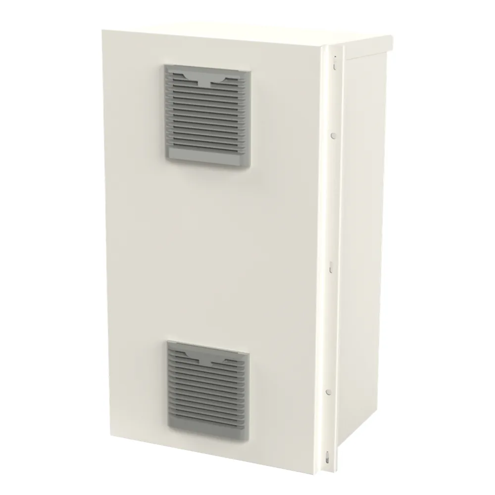Gabinete Acero Galv. para 2 Baterías PL110D12 (400 x 730 x 300mm). Puerta Ventilada. Acc. para piso o poste No incluidos.