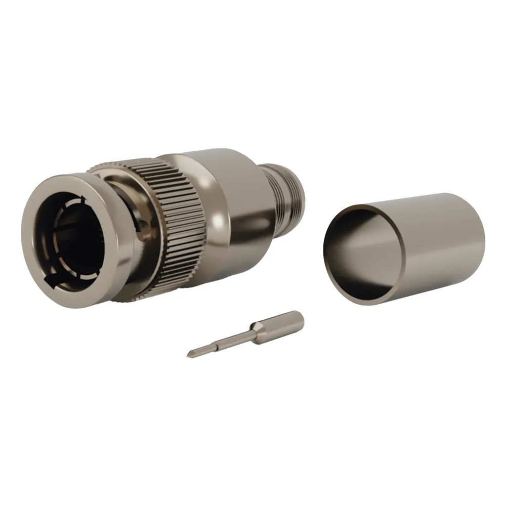Conector BNC Macho en 75 Ohm, Anillo Plegable para Cable RG-11/U Grupo R1, Níquel/ Oro/ Teflón.