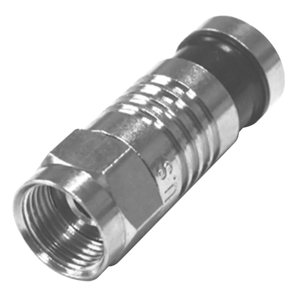 Conector F Macho Plegado Axial por Compresión para RG-59/U, Cuerpo en Níquel y Banda Negra.