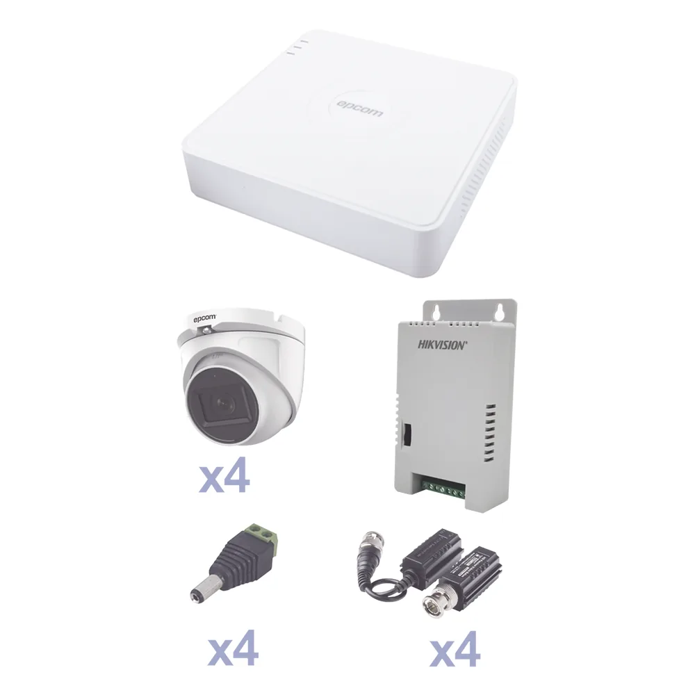 KIT TurboHD con Audio 1080p / DVR 4 Canales / 4 Cámaras Domo (exterior 2.8 mm) / Transceptores / Conectores / Fuente de Poder / AUDIO POR COAXITRON