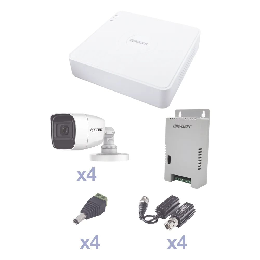 KIT TurboHD con Audio 1080p / DVR 4 Canales / 4 Cámaras Bala (exterior 2.8 mm) / Transceptores / Conectores / Fuente de Poder / AUDIO POR COAXITRON