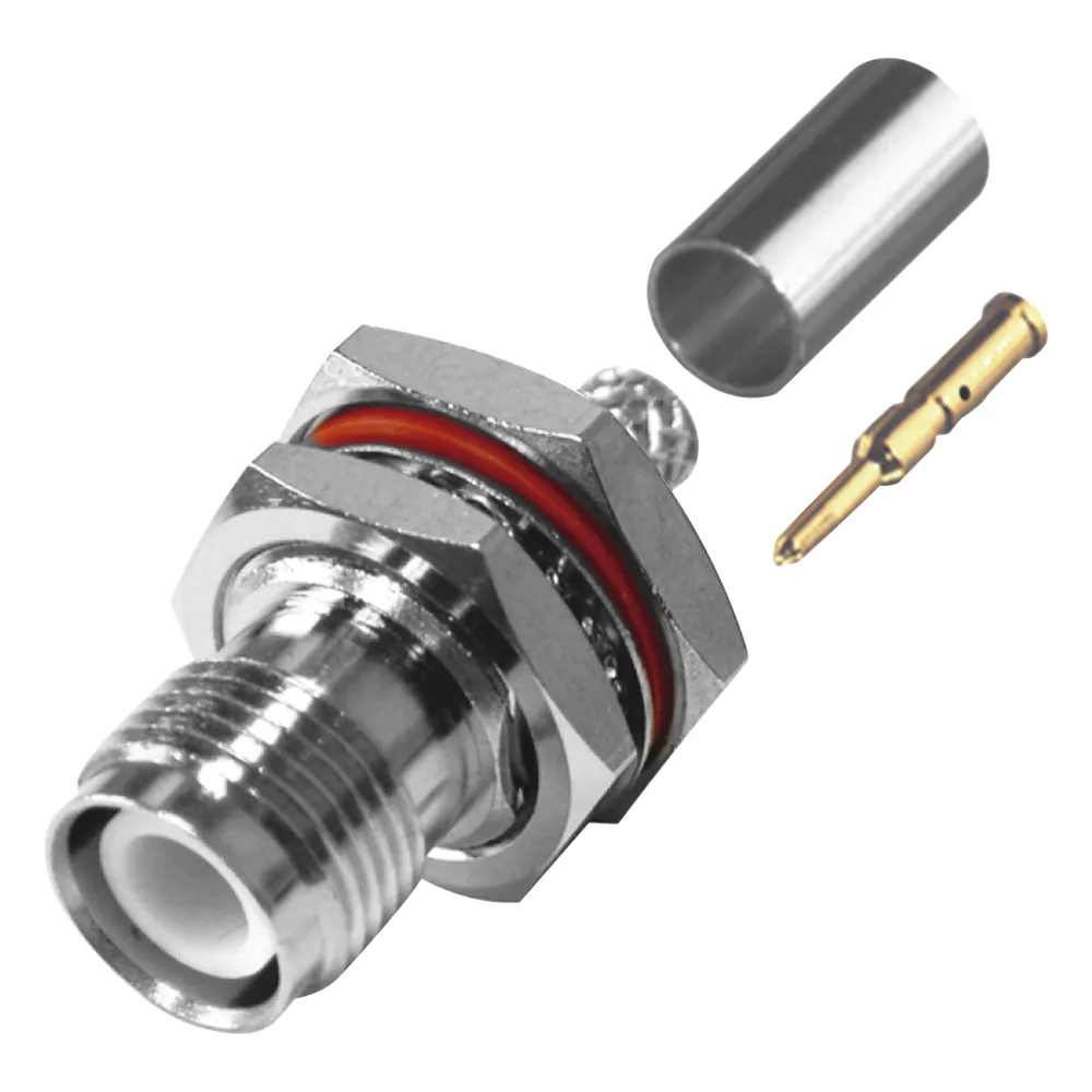 Conector TNC Hembra Inverso de Montaje Trasero en Panel, D-Plano, Hermético de Anillo Plegable para RG-142/U, Níquel/ Oro/ Teflón.