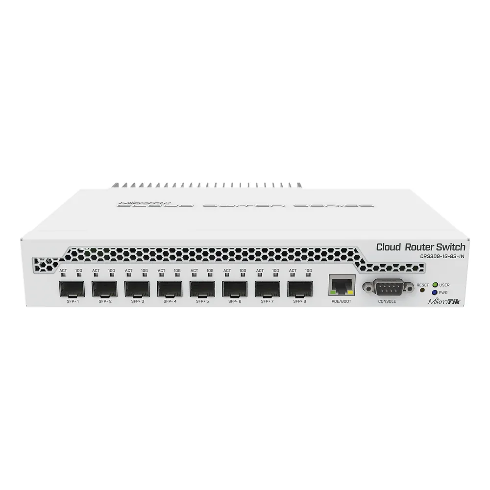(CRS309-1G-8S+IN) Switch administrable Sistema Operativo Dual, puerto 1G Rj45, 8 puertos 10G SFP+ para Escritorio