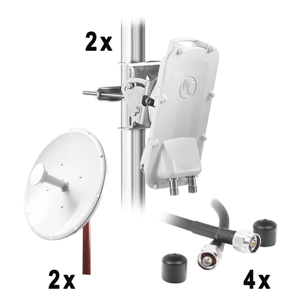 Enlace Backhaul completo de alta capacidad, incluye: 2x PTP550CE, 2x NPTR3 (37 dBi), 4x Jumpers