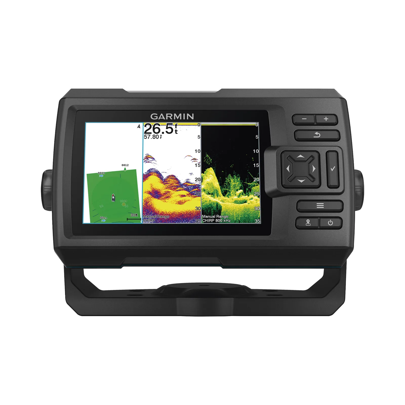 Ecosonda STRIKER Vivid 5cv / Pantalla WVGA a Color 5.0" / Resolución 800 x 480 Píxeles / GPS Integrado / Sonda CHIRP Tradicional y ClearVü / 500 W (RMS) / Quickdraw Contours / Transductor GT20 Incluido / IPX7