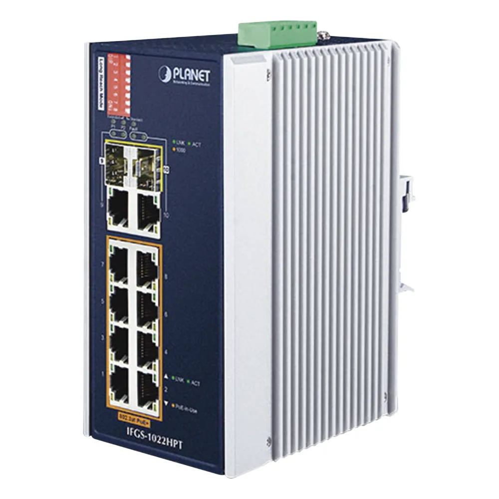 Switch Industrial PoE no administrable de 8 Puertos 10/100TX 802.3at, Hasta 240 W, Combo TP / SFP Gigabit TP / SFP (-40 ~ 75 grados C)