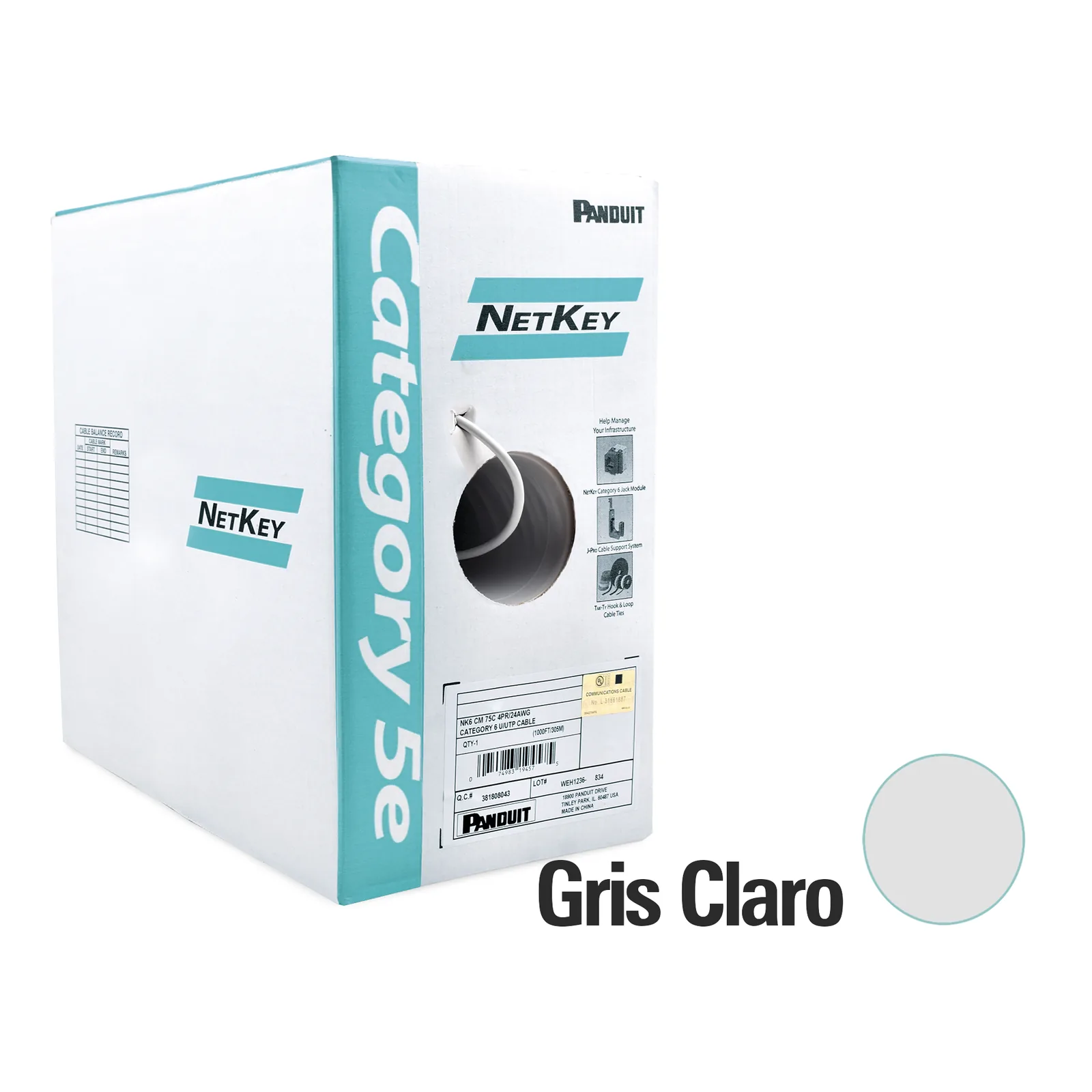 Bobina de Cable UTP 305 Metros (1000 Pies) de Cobre, NetKey, Gris Claro, Categoría 5e (24 AWG), PVC (CM), de 4 Pares