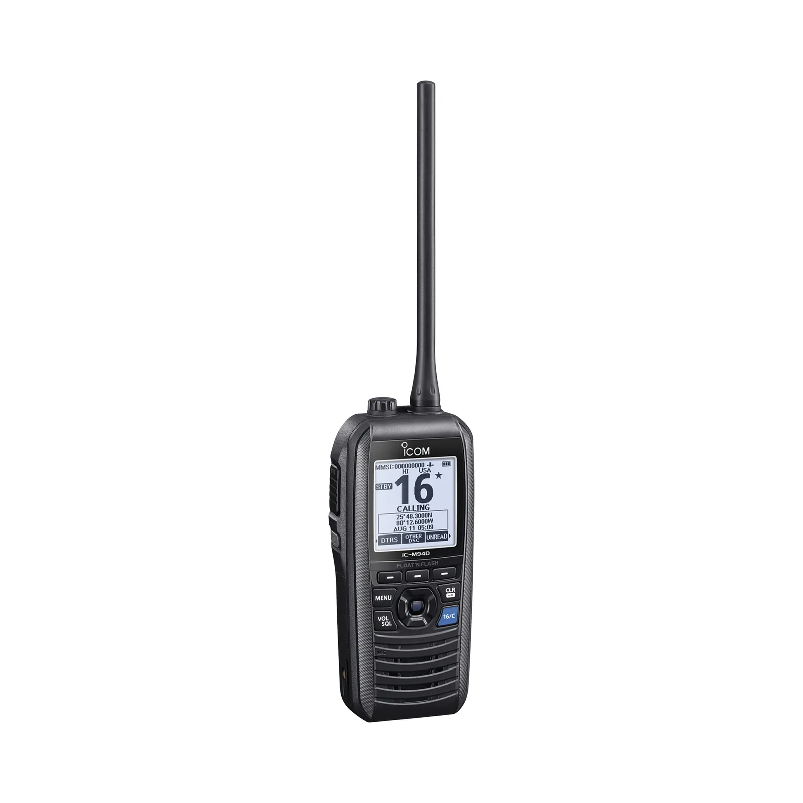 Radio portátil marino flotante con receptor AIS y GPS incluido, Tx: 156.025-157.425 MHz Rx: 156.050-163.275 MHz, opera en canales INT, USA, CAN, WX, Incluye antena, batería, cargador, cable de encendedor y clip.