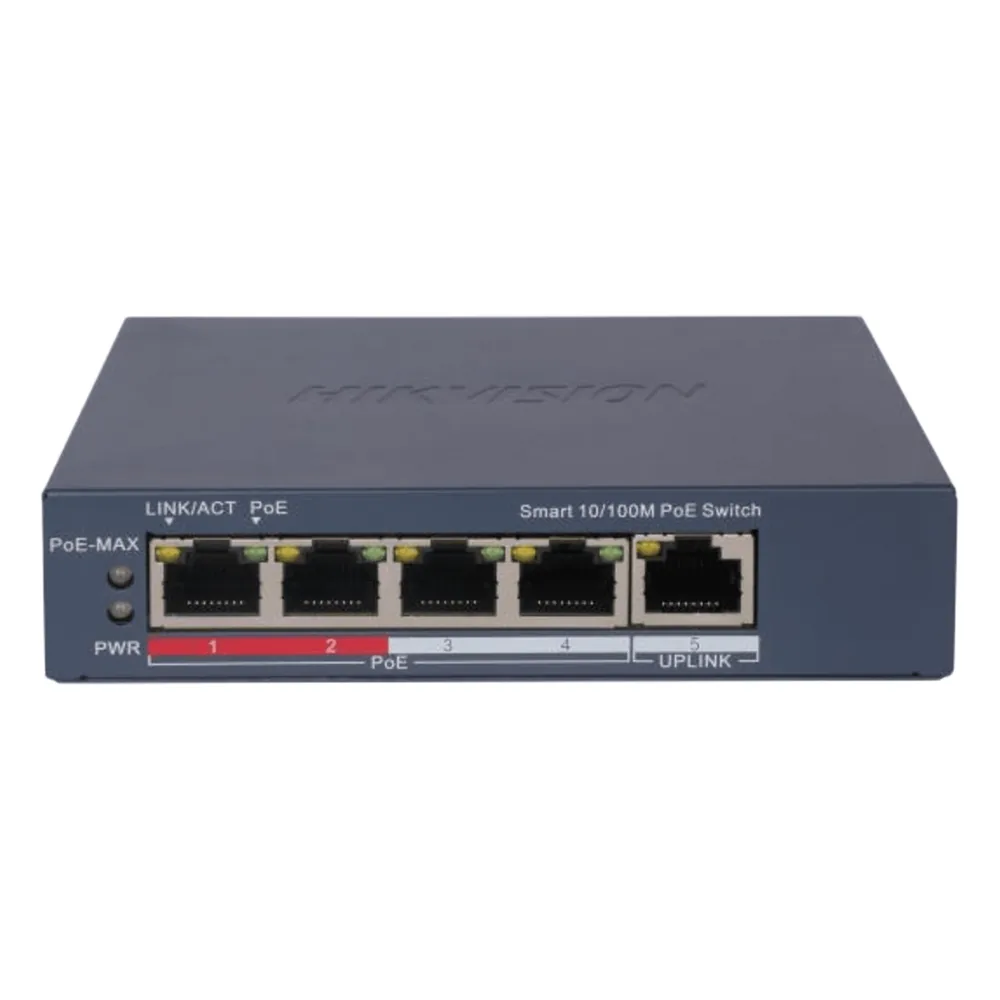 Switch Monitoreable PoE+ / 4 puertos 100 Mbps PoE+ / 1 Puerto 100 Mbps Uplink / PoE hasta 250 Metros / 60 Watts / Conexión Remota desde Hik-PartnerPro