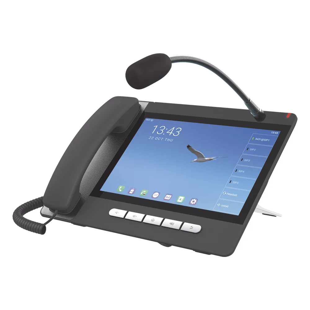 Teléfono IP Android 9.0 Empresarial para 20 líneas SIP, pantalla táctil, Wi-Fi y Bluetooth, PoE, hasta 112 botones DSS, puertos Gigabit, soporta recepción de video.