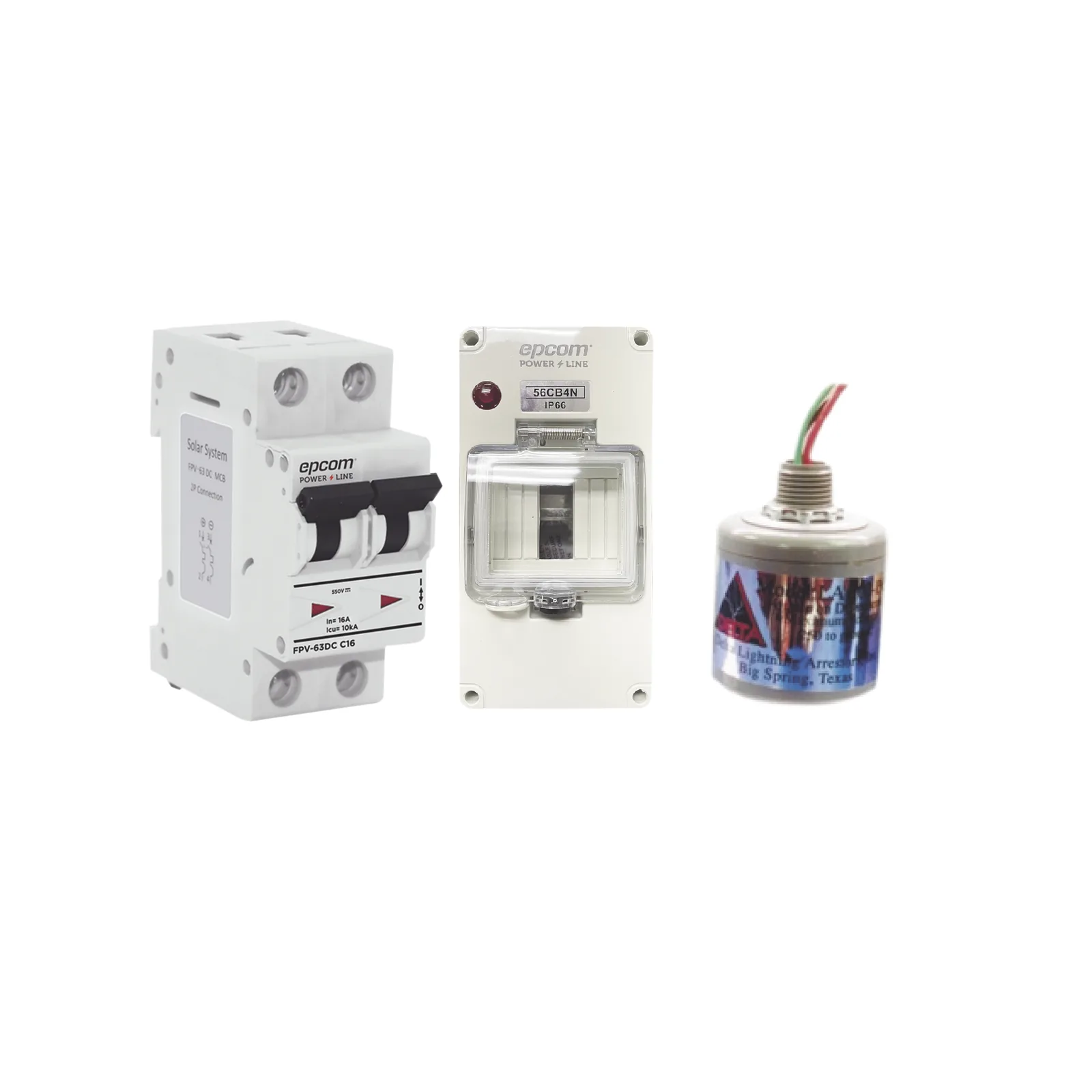 Kit de Centro de Carga Para Corriente Directa, Breaker de hasta 800 Vcc de 63 A con Supresor de Descargas Atmosféricas.