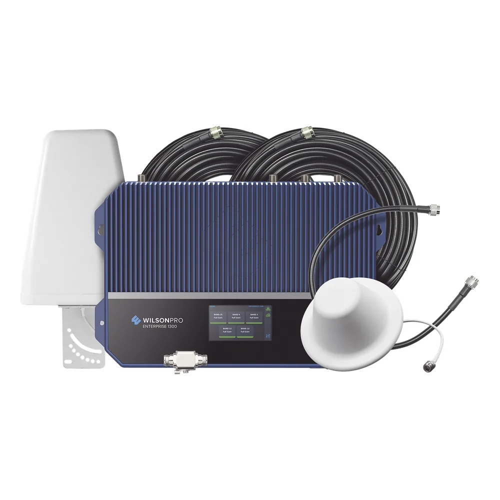 KIT Amplificador de señal celular 4G LTE, 3G y Voz. Especial para áreas comerciales que reciben la señal de múltiples torres. Cubre áreas de hasta 3716 metros cuadrados.