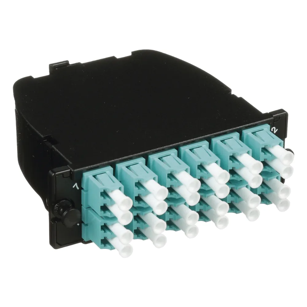 Casete OptiCom de Fibra Óptica Multimodo OM3, Con 2 Conectores MPO a 12 LC Duplex, Polaridad Método A, Pérdida de Inserción Estándar