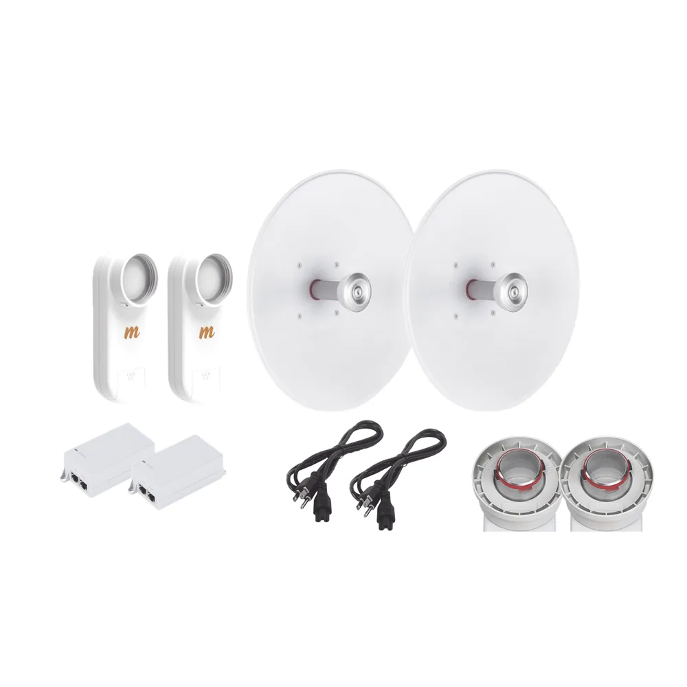 Enlace completo de 2 radios C5X con antenas UD-TP-27 (27 dBi), rango de frecuencia extendida (5.1 a 6.4 GHz), incluye inyector POE y cable de alimentación y adaptador para la antena