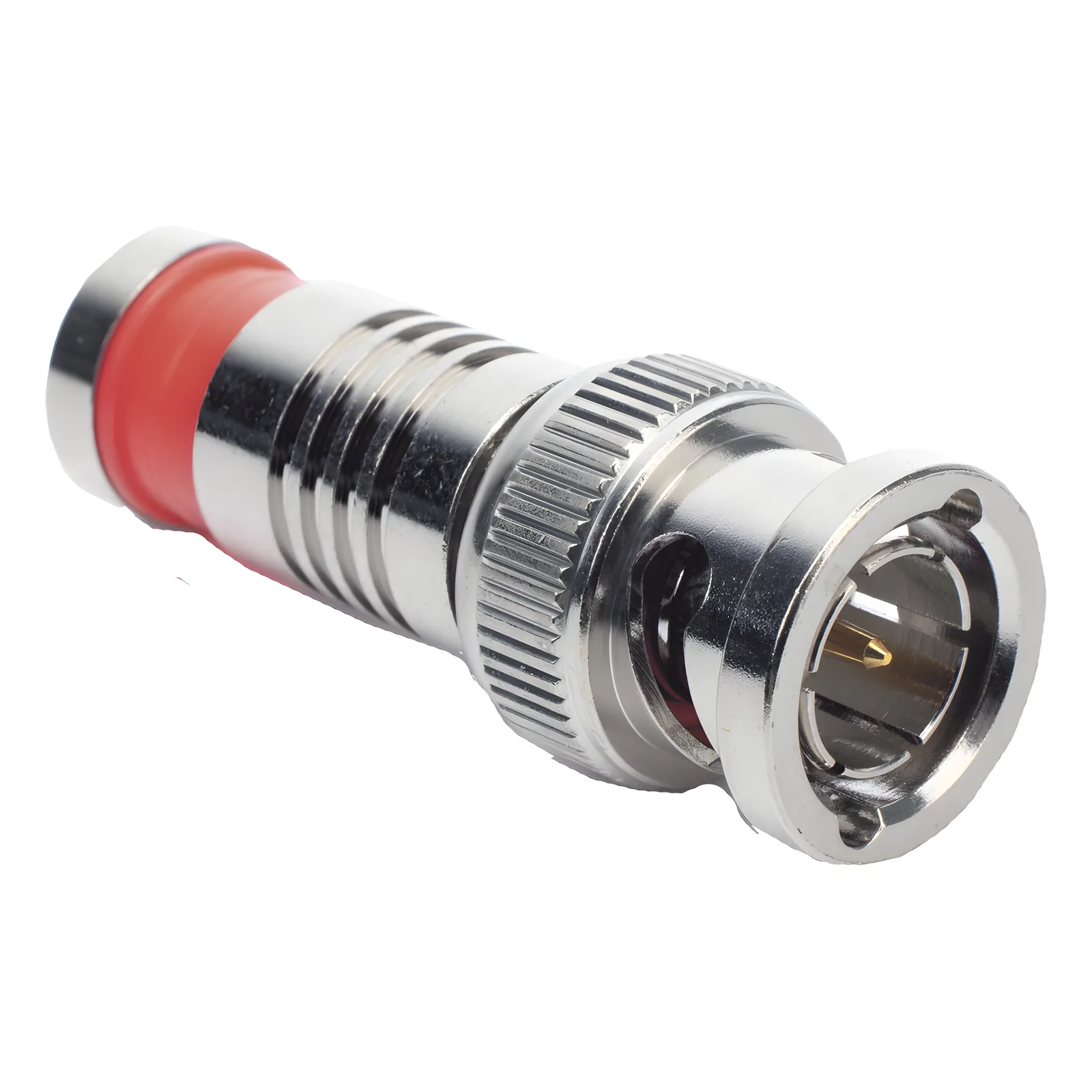Conector BNC Macho en 75 Ohm, Montaje de Compresión Axial para Cable Coaxial RG-6/U, Níquel/ Oro/ Teflón.