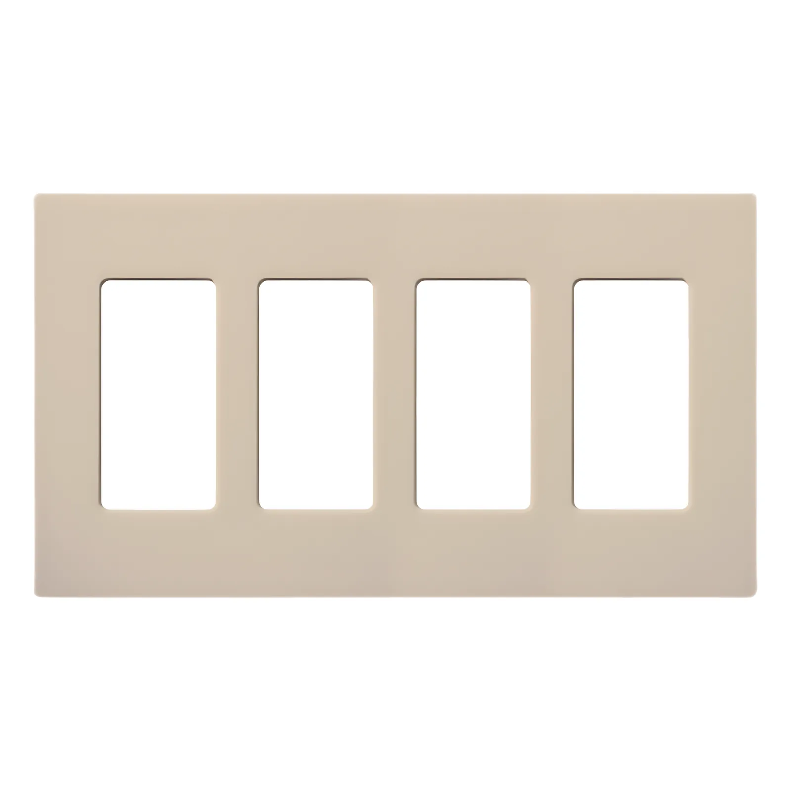 Placa de pared de 4 espacios sin tornillos visibles, acabado satinado color Taupe, para atenuadores y controles Lutron con apertura tipo designer como Maestro y Diva