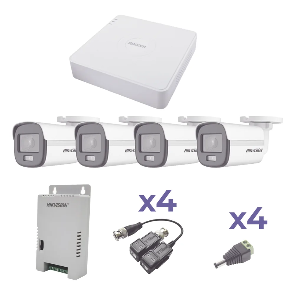 KIT COLORVU TURBOHD 1080p Lite / DVR 4 Canales / 4 Cámaras Bala (exterior 2.8 mm) / Transceptores / Conectores / Fuente de Poder Profesional