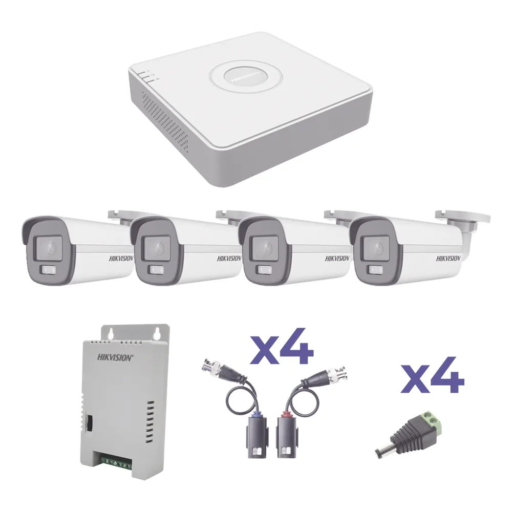 KIT COLORVU TURBOHD 1080p Lite / DVR 4 Canales / 4 Cámaras Bala (exterior 2.8 mm) / Transceptores / Conectores / Fuente de Poder Profesional
