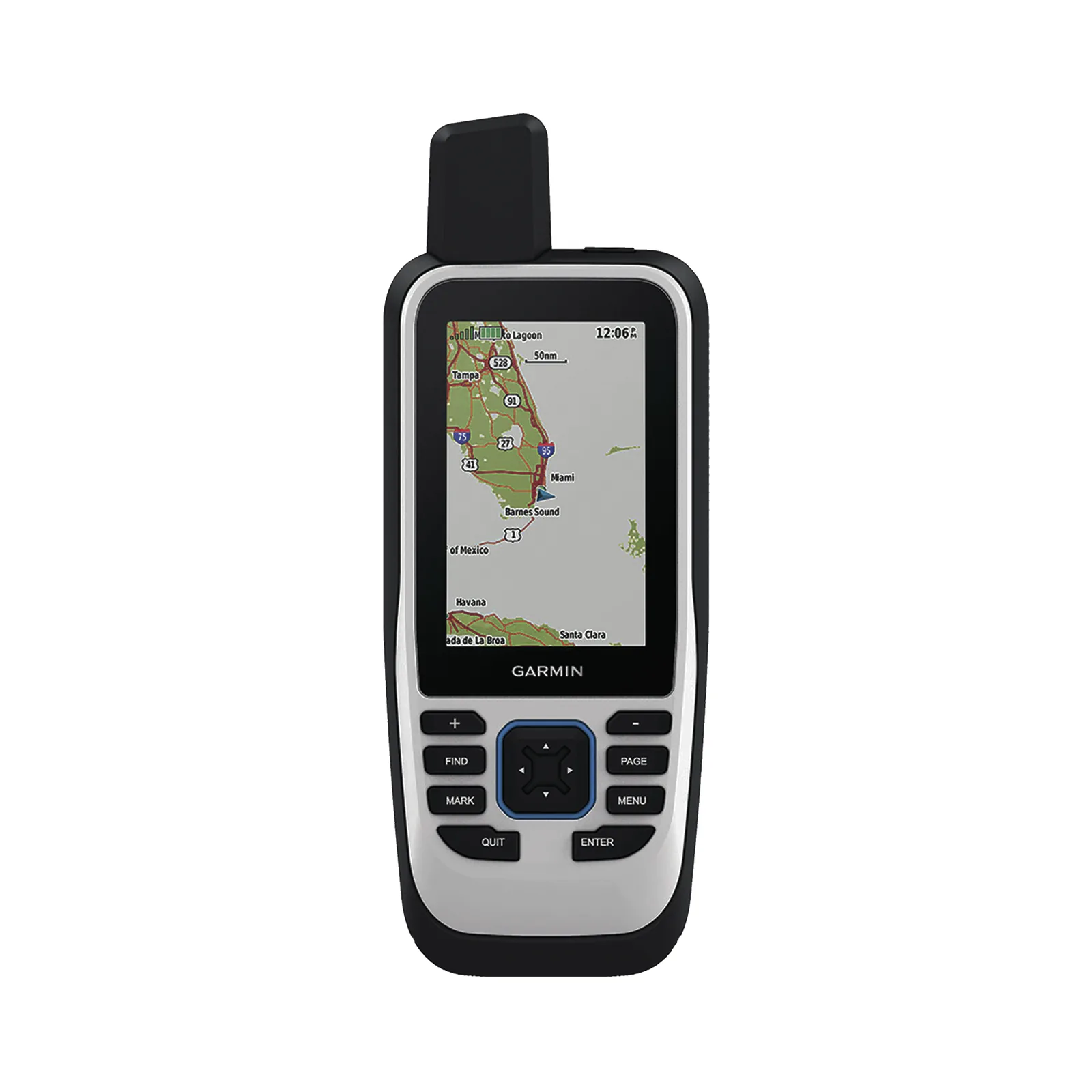 GPS portátil GPSMAP 86s con mapa base precargado, incluye batería interna recargable.