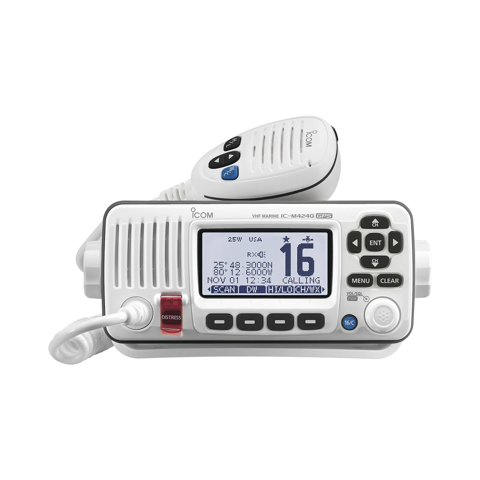Radio Móvil Marino, color blanco, 25W, Tx:156.025-157.425MHz, Rx:156.050-163.275MHz, con GPS interconstruido, pantalla de matriz de puntos de fondo blanco, capacidad de llamada selectiva DSC, canales CAN,USA,INT incluye microfono, cable de alim..
