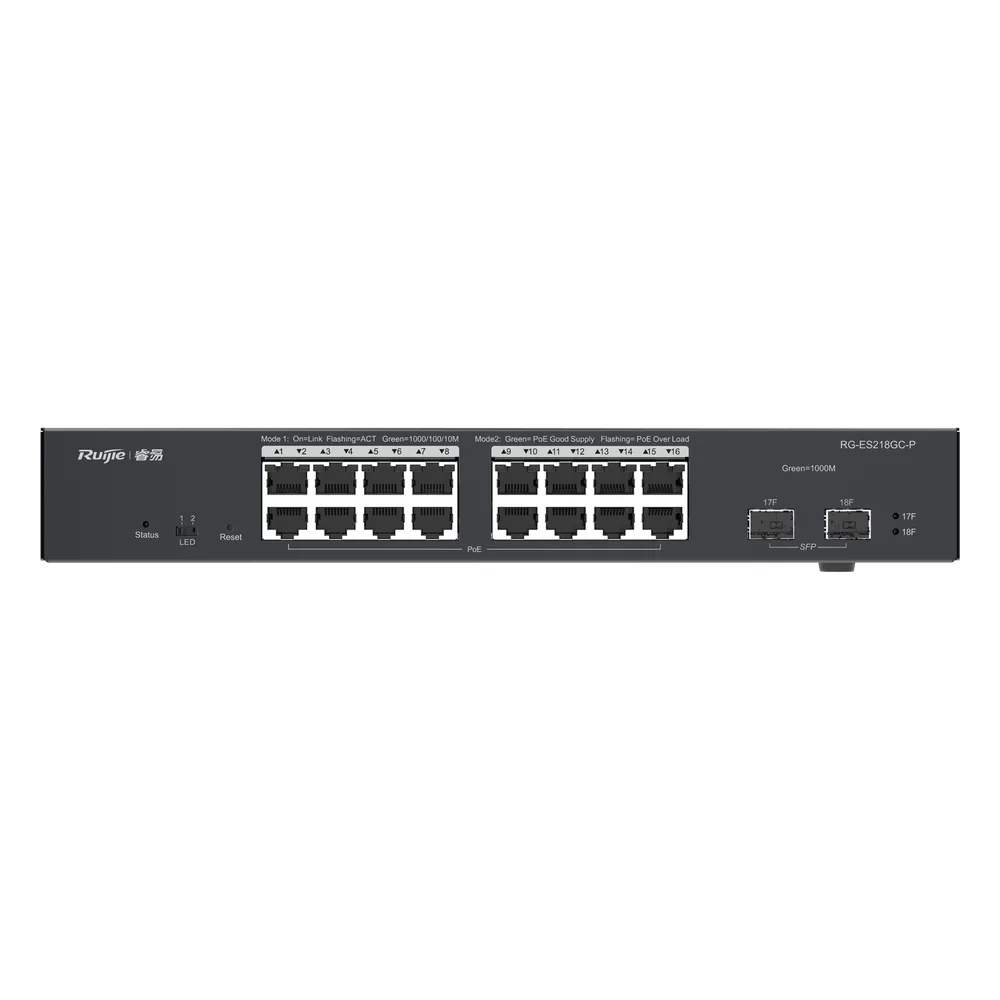 Switch L2 Administrable PoE con 16 Puertos Gigabit PoE 802.3 AF/AT + 2 SFP para fibra 1Gb, Gestión Gratuita Desde la Nube, 240 Watts