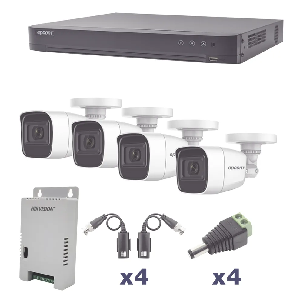 KIT TurboHD 1080p / DVR 4 Canales / 4 Cámaras Bala Policarbonato con Audio Integrado (exterior 2.8 mm) / Transceptores / Conectores / Fuente de Poder Profesional