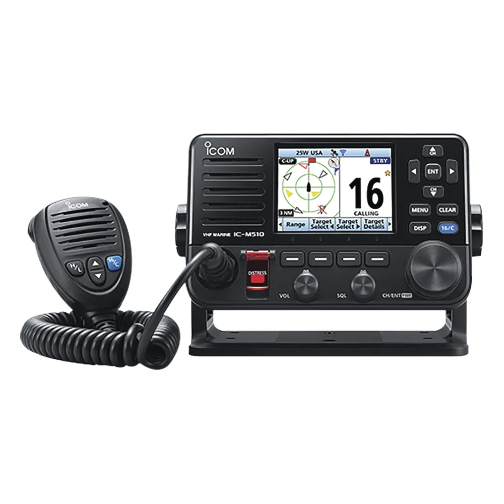 Radio movil marino VHF clase D con receptor AIS integrado, cuenta con pantalla a color de 3.5", administrable remotamente por medio de WLAN.