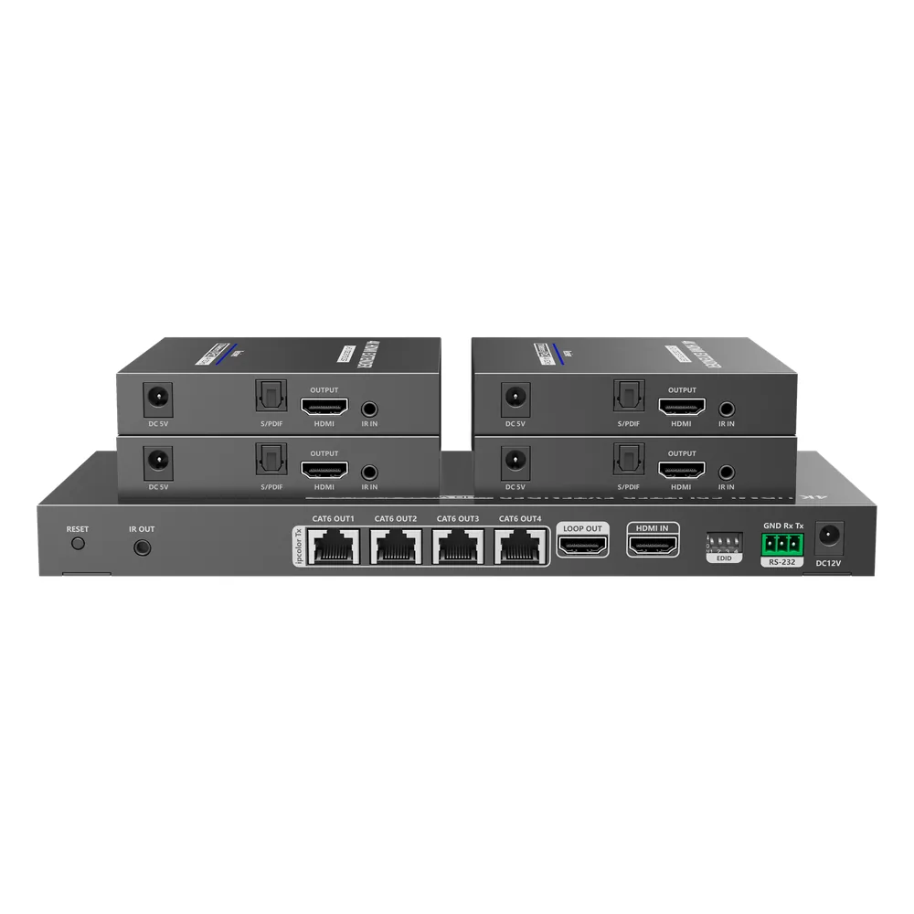 Kit Divisor y Extensor HDMI / Divide 1 Fuente HDMI a 4 Pantallas / Extiende la señal HDMI hasta 70 m / Resolución 4K @ 60 Hz/ Cat 6/6a/7 / IPCOLOR / CERO LATENCIA / Uso 24/7 / Puerto S/PDIF / EDID / RS232 / Salida Loop / Alimente solo el Tx