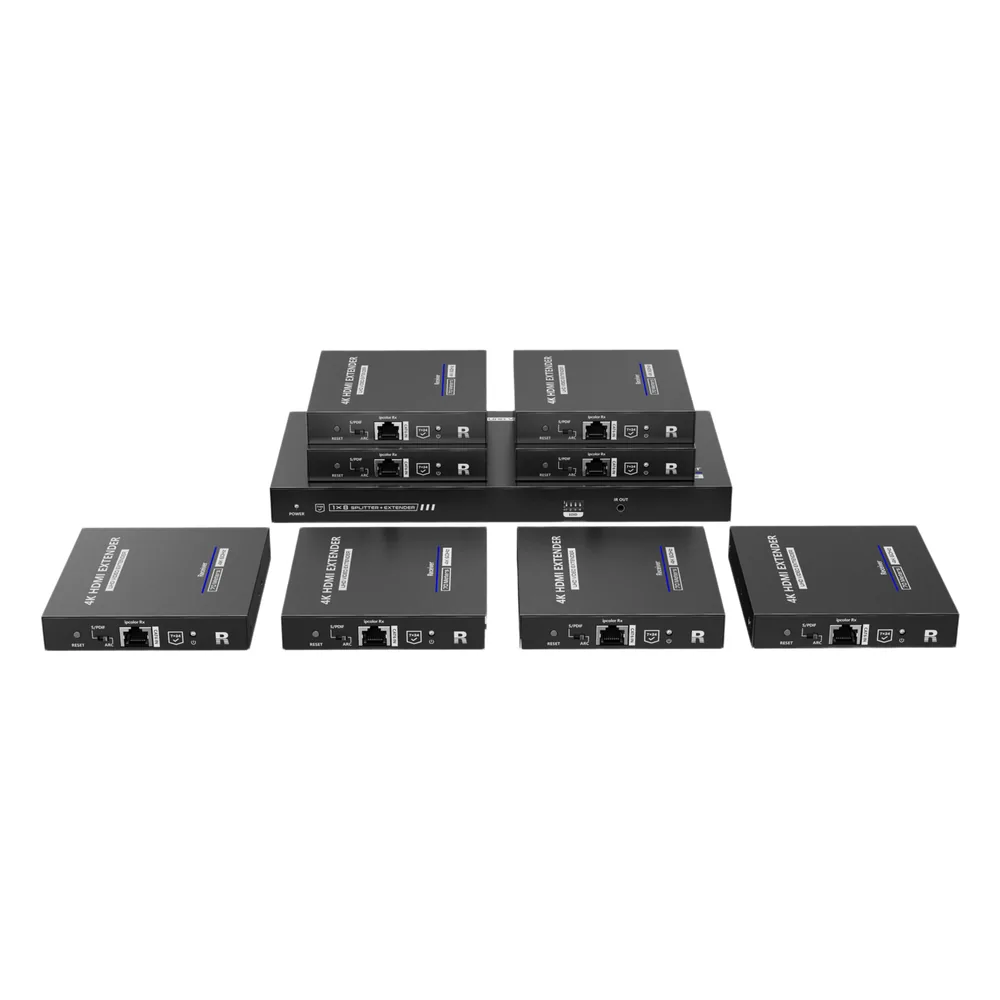 Kit Divisor y Extensor HDMI / Divide 1 Fuente HDMI a 8 Pantallas / Extiende la señal HDMI hasta 70 m / Resolución 4K @ 60 Hz/ Cat 6/6a/7 / IPCOLOR / CERO LATENCIA / Uso 24/7 / Puerto S/PDIF / EDID / RS232 / Salida Loop / Alimente solo el Tx