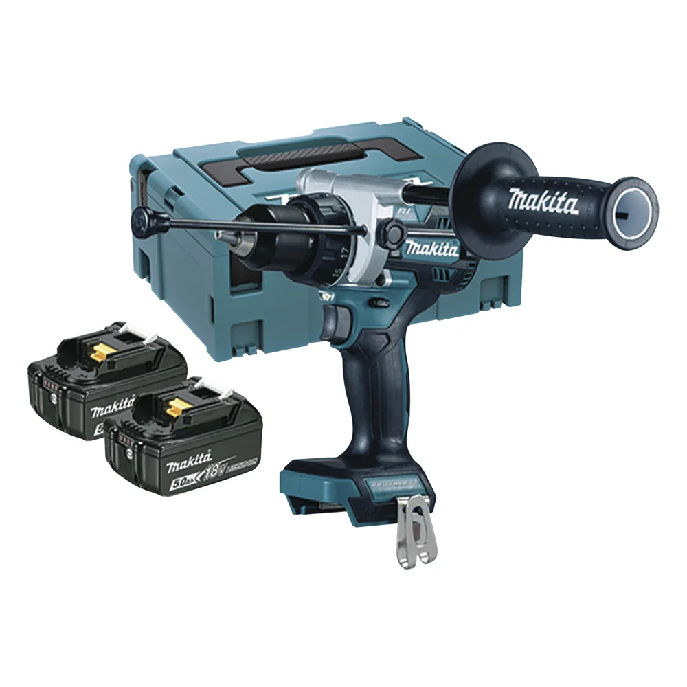 Taladro combinado BL 18 V LXT 5.0 Ah 130 Nm. Incluye 2 baterías 5.0 Ah, cargador rápido y maletín Makpac.