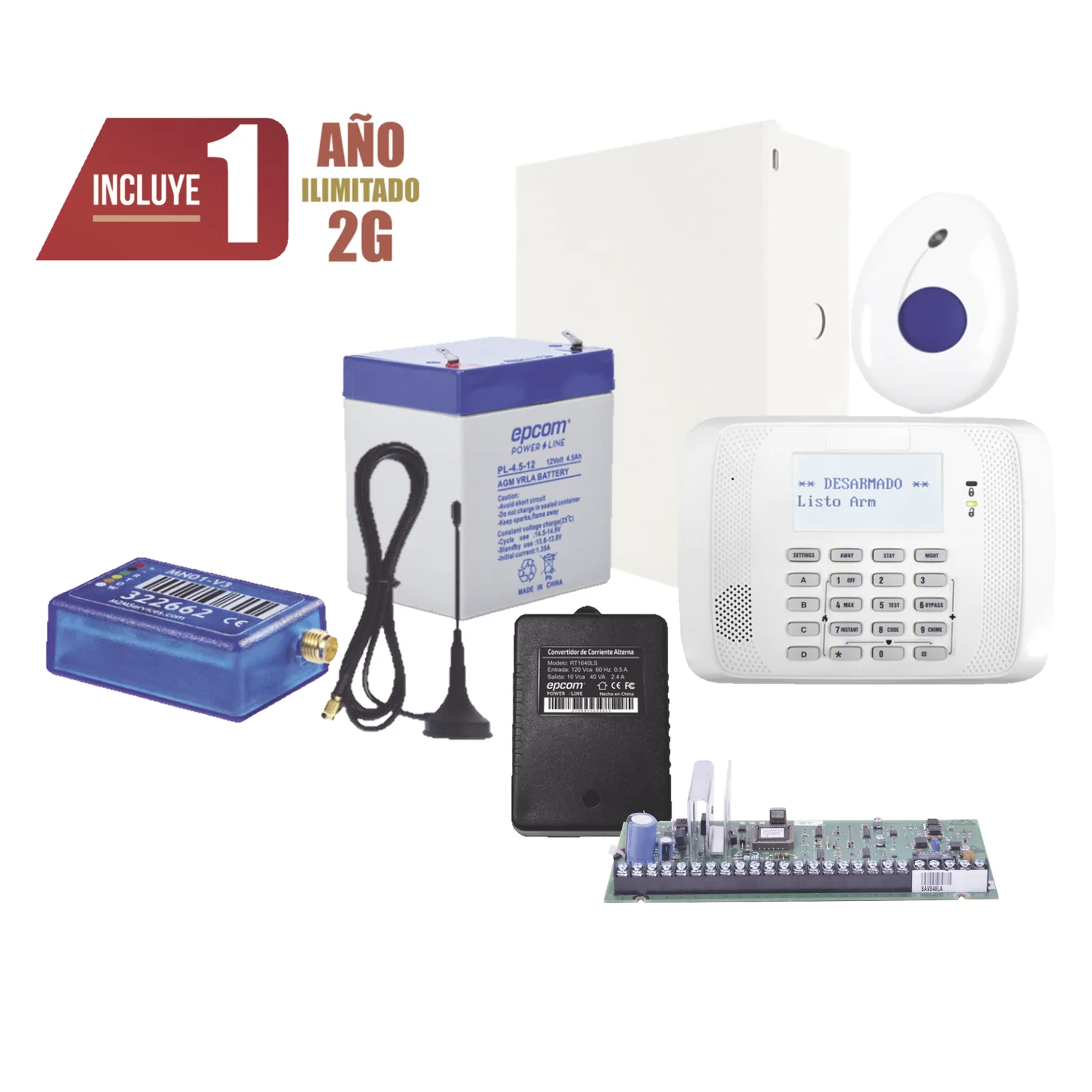 Kit de alarma con panel de seguridad, comunicador celular 2G multimarca y botón de pánico con detección de caídas