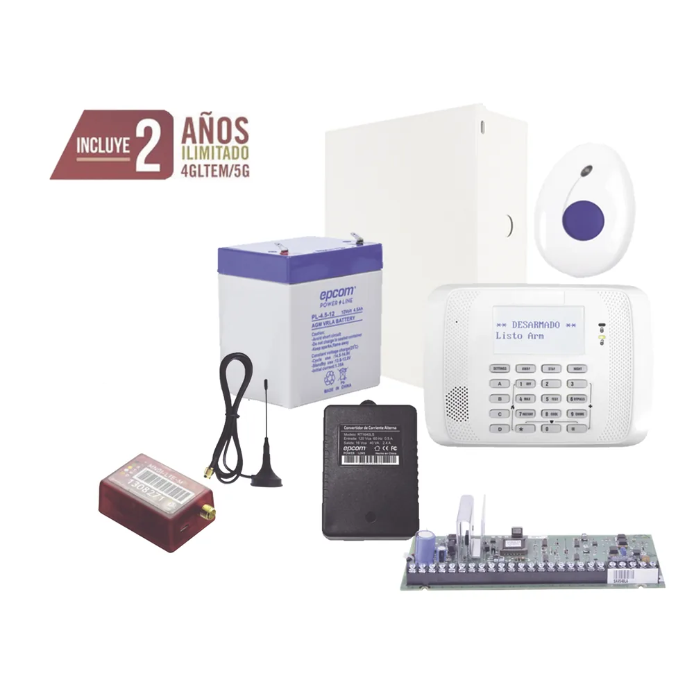 Kit de alarma con panel de seguridad, comunicador celular 4G LTE-M multimarca y botón de pánico con detección de caídas