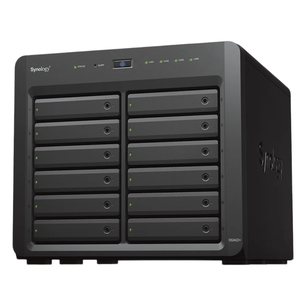 NAS Synology DiskStation DS2422+ | 12 Bahías | Expandible a 24 Bahías | Procesador AMD Ryzen Quad-Core | Hasta 32 GB DDR4 ECC | Caché NVMe SSD | Redes 10/25GbE | Compatible con Virtualización y Vigilancia.