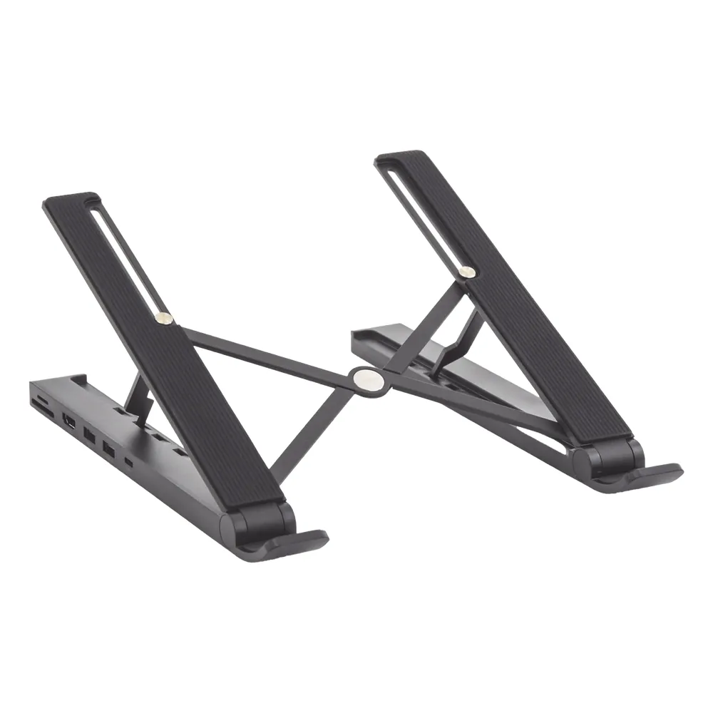 HUB (Docking Station) 5 en 1 con Soporte para Laptop | 2 USB 3.0 a 5Gbps | HDMI 4K@30Hz | Memoria Micro SD (TF) + SD | Amplia Compatibilidad de 10-15" | Ajuste de Altura | Aluminio | PC+ABS | Silicona | Color Negro.