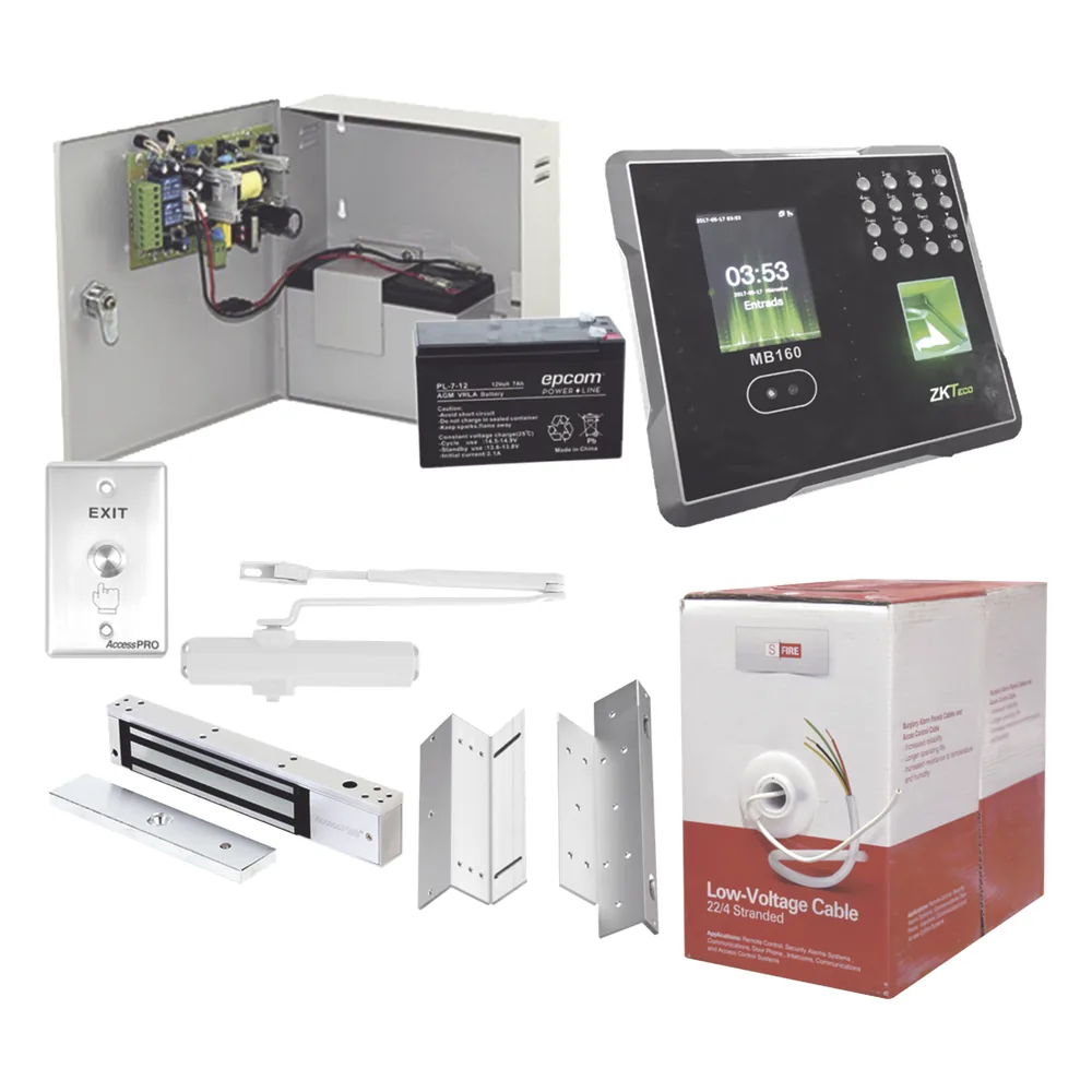 Sistema Completo de Acceso Y asistencia, Incluye Lector Biometrico MB160ID, Chapa magnética con bracket, Cierra puerta, Botón de Salida, Cable " Gratis ", y fuente profesional con Batería