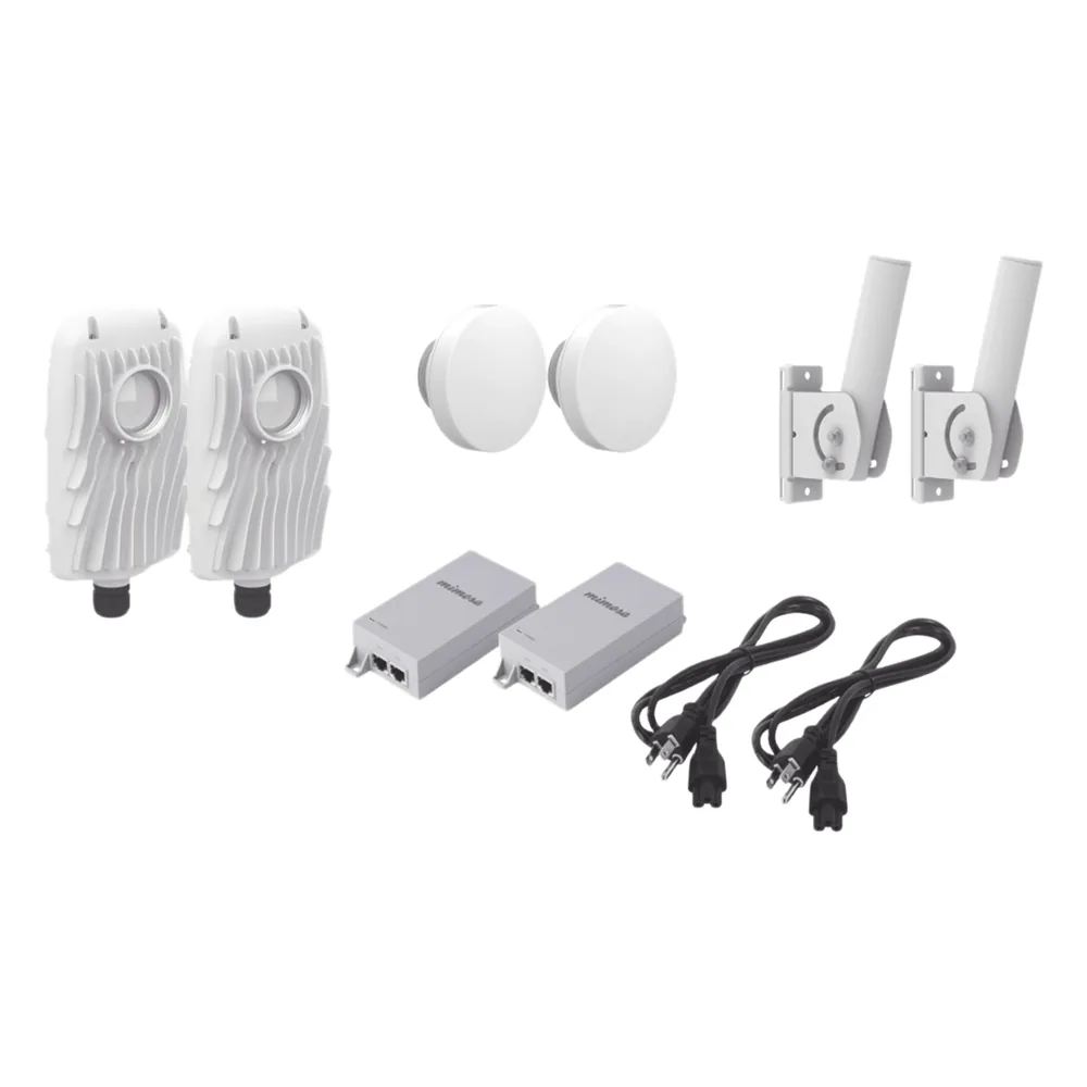 Kit de 2 radios B5X con 2 antenas de (12 dBi), rango de frecuencia extendida (4.9 a 6.4 GHz), incluye inyector POE, cable de alimentación y 2 FLEXIMOUNT-XL para alineación, distancia de hasta 2 km