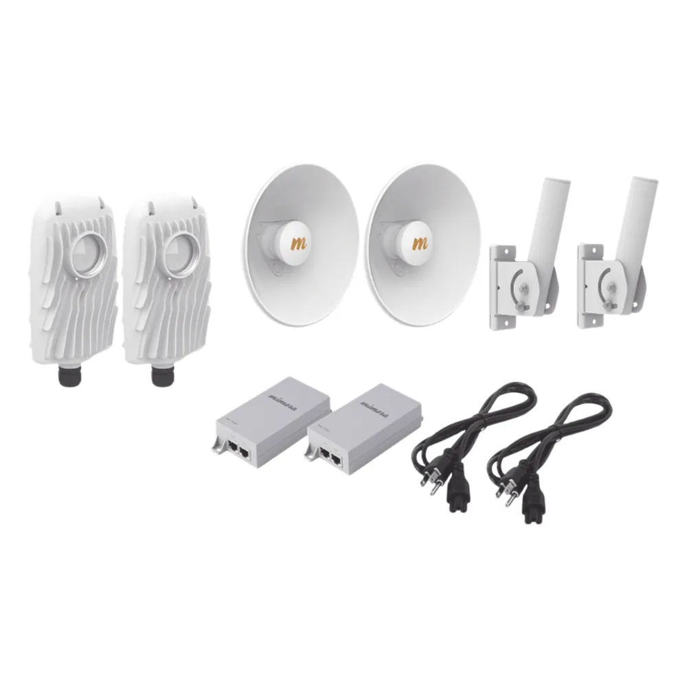 Kit de 2 radios B5X con kit de antenas (20dBi), rango de frecuencia extendida (4.9 a 6.4 GHz), incluye inyector POE, cable de alimentación y 2 FLEXIMOUNT-XL para alineación, distancia de hasta 8 km