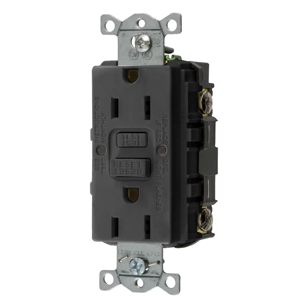 Contacto de Auto-verificación GFCI con Interruptor de Falla a Tierra de 15 A 125 V 2 Polos, 3 Hilos Color Negro (Nema 5-15R), Grado Comercial.