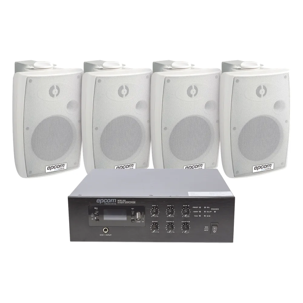 KIT de Amplificador de 120W para Escritorio | 4 Altavoces de Pared color Blanco 2.5W - 20W | Sistema 70/100V