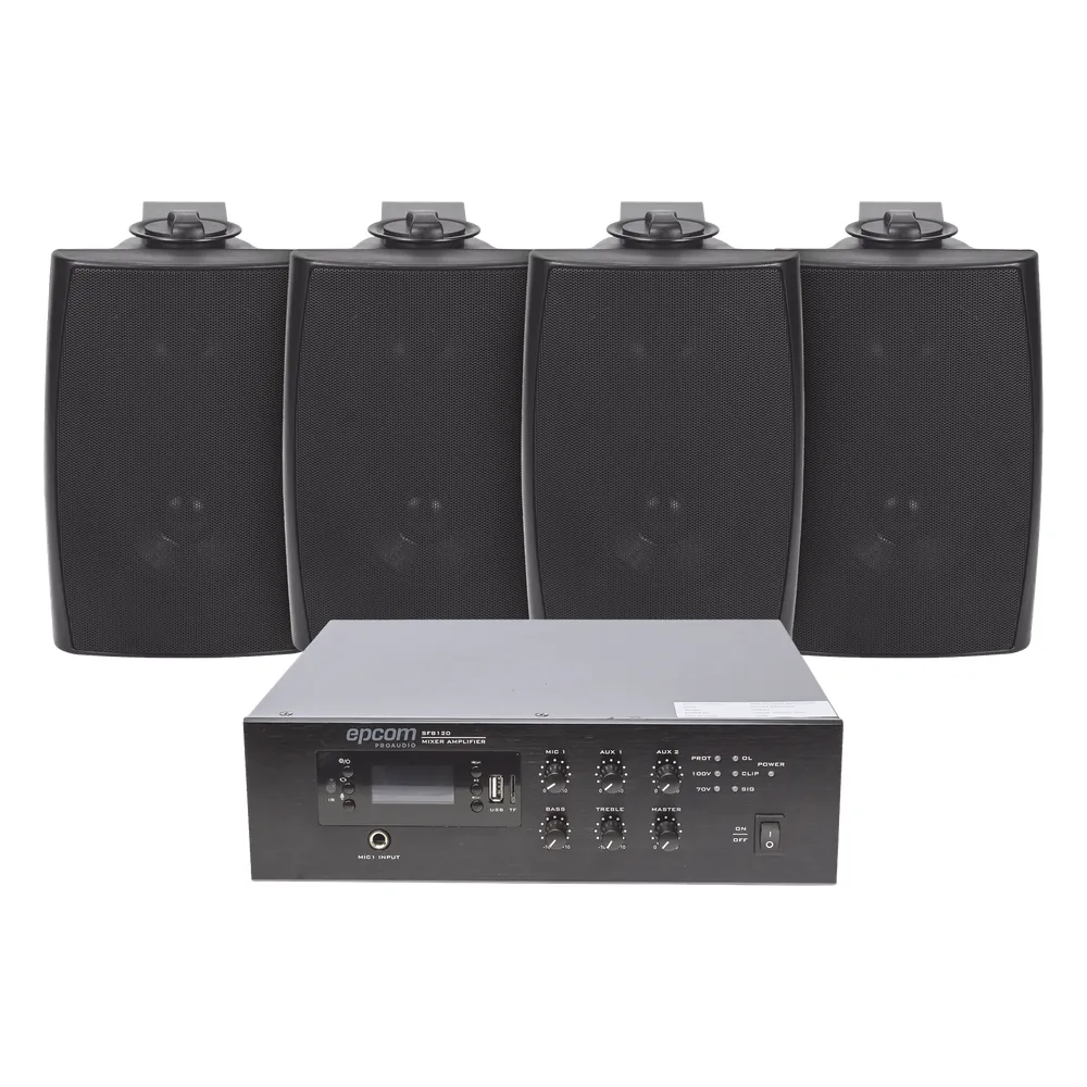KIT de Amplificador de 120W para Escritorio | 4 Altavoces de Pared color Negro 2.5W - 20W | Sistema 70/100V