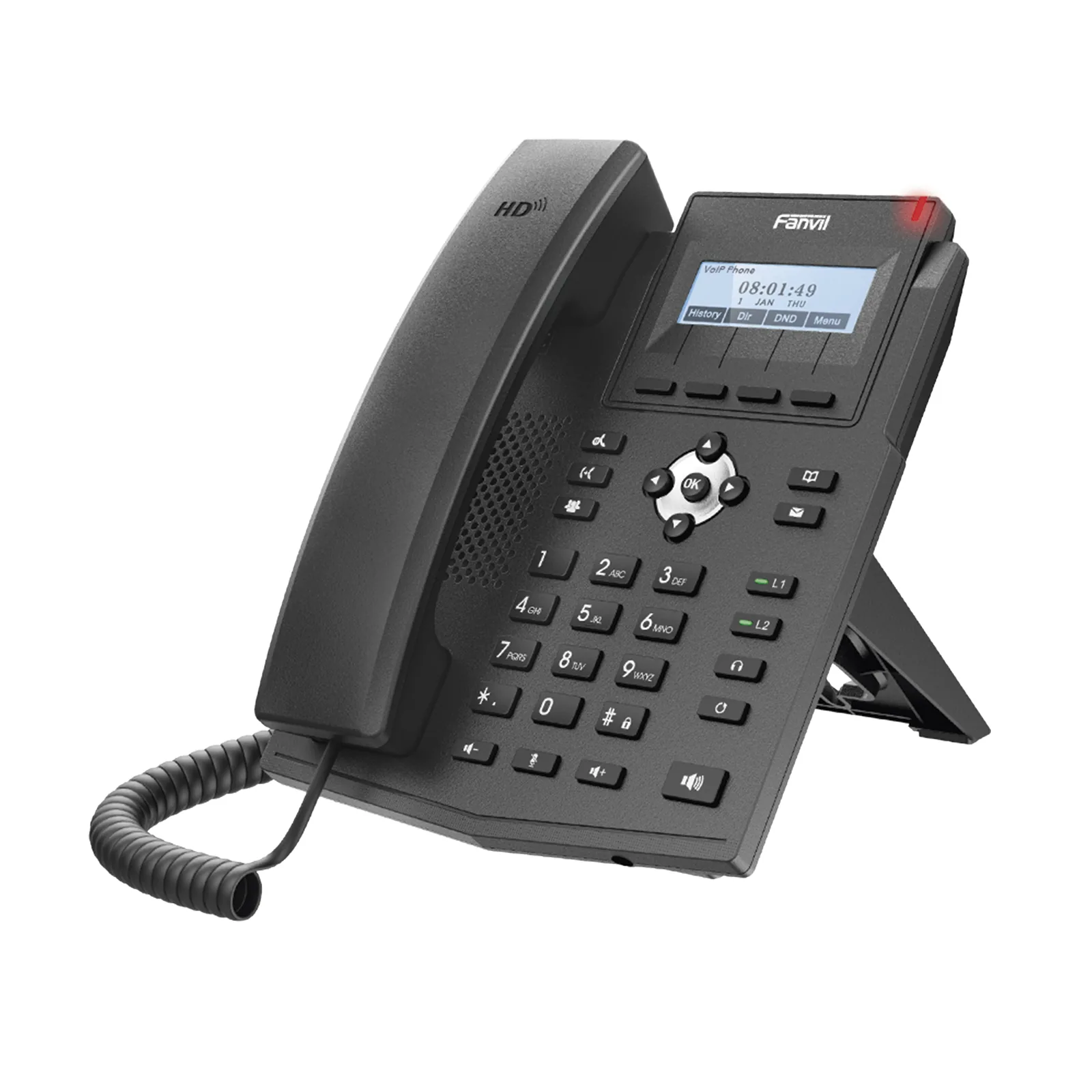 Teléfono IP empresarial para 2 lineas SIP con pantalla LCD, Puertos Gigabit, Códec Opus, conferencia de 3 vías, PoE.
