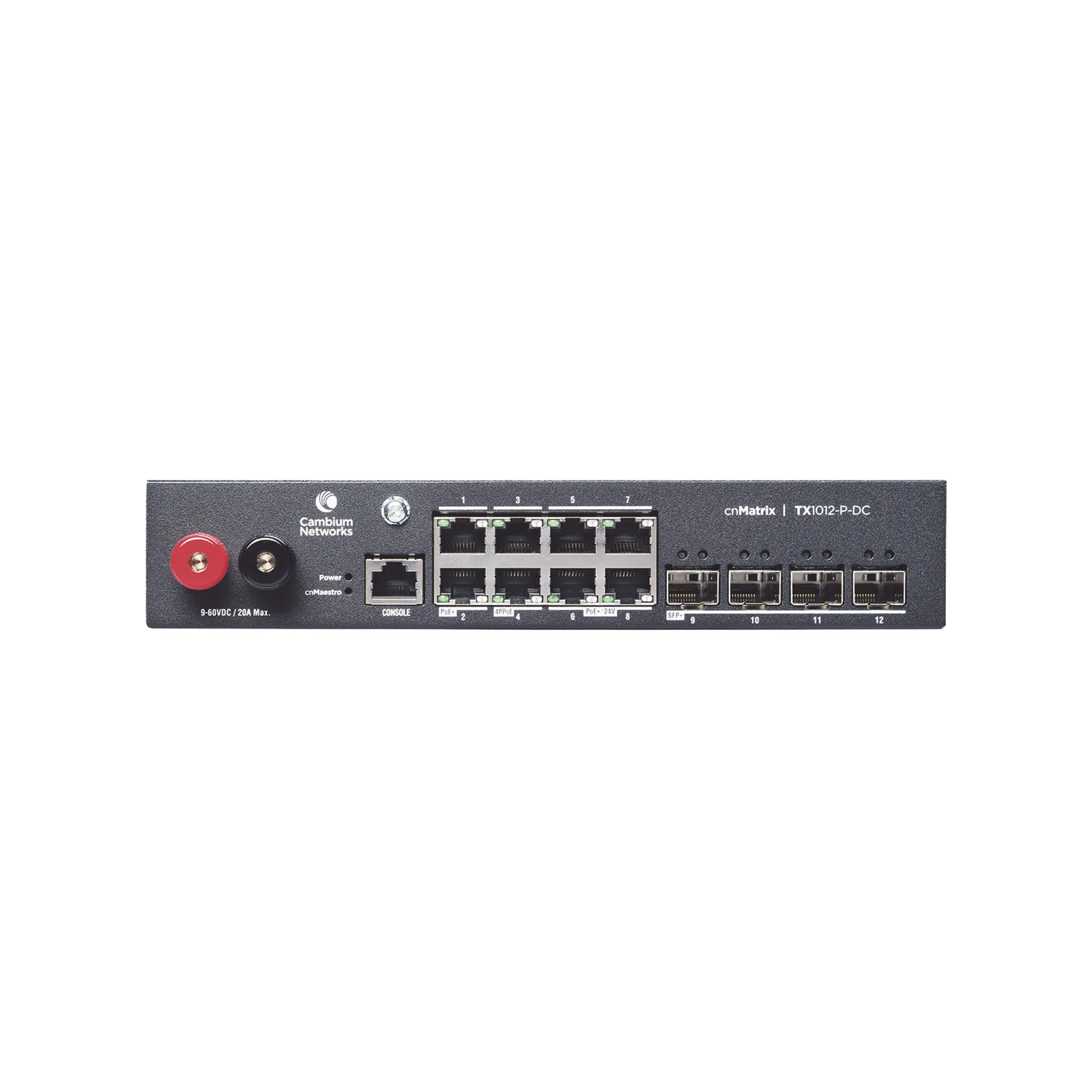 Switch cnMatrix WISP TX1012-DC-P de 8 puertos PoE y 4 SFP+, 170 W PoE Budget, Capa 2, gestión cnMaestro On-Premises, para corriente directa