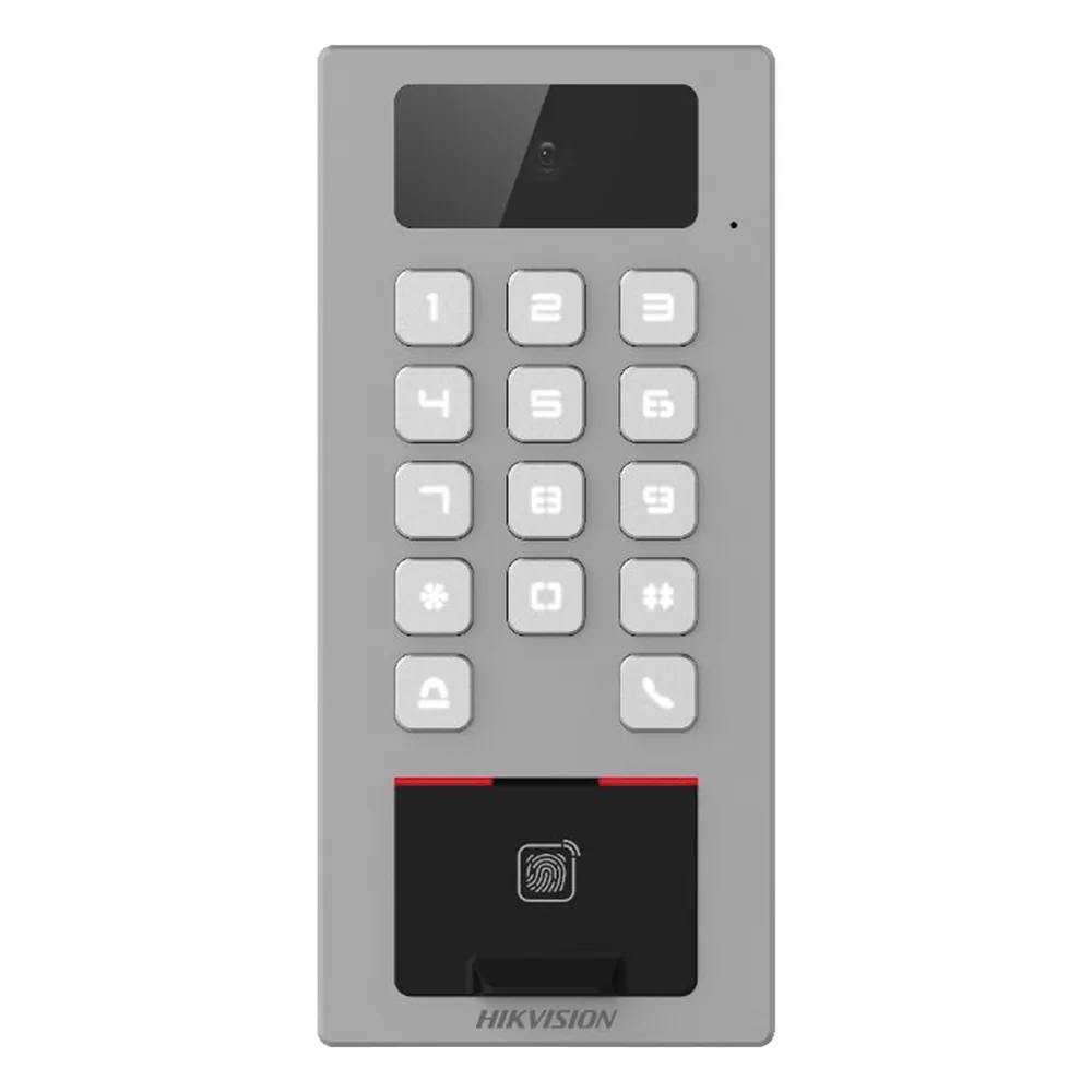 Terminal de Control de Acceso / Videoportero Multiapartamento Llamada a App / Teclado / Exterior Antivandálico IP65 & IK09 / Huella, Tarjeta, Código QR, PIN o App Hik-Connect / Cámara 2 MP compatible con NVRs