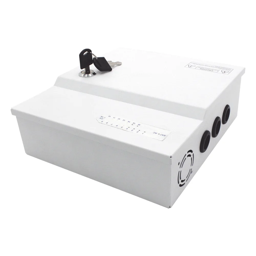 Fuente de poder profesional de 12 Vcc @ 16 A / para 16 cámaras / Con capacidad de batería de respaldo / Requiere batería / Voltaje de entrada de 96-264 Vca