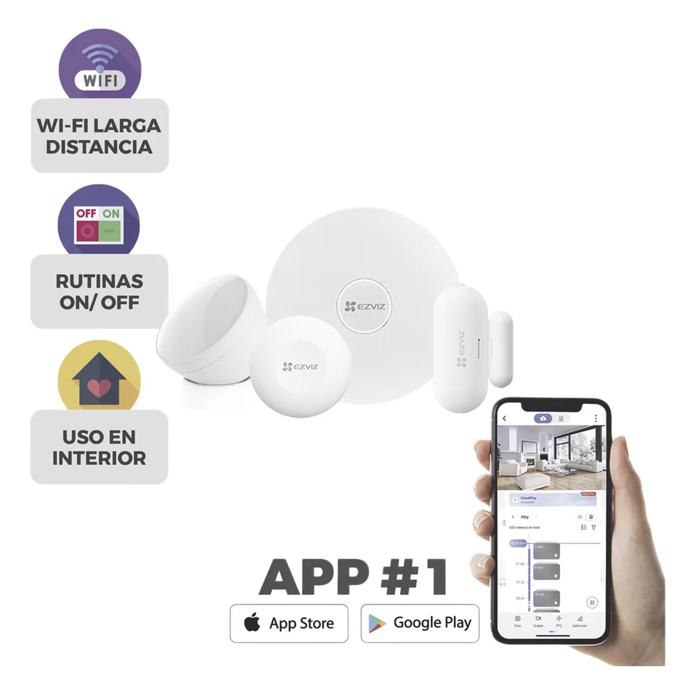 Kit de Alarma Inalambrico / Incluye: 1 Hub, 1 Sensor PIR, 1 Contacto Magnético y 1 Smart Boton / Configuración y Visualización por App Móvil EZVIZ / Protocolo Zigbee
