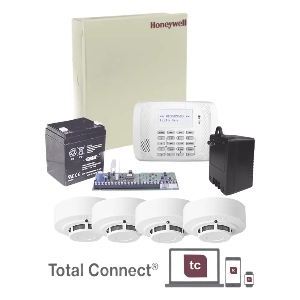 Kit de panel de alarma de 48 zonas con gabinete, transformador, batería y 4 detectores de humo, compatible con serie inalámbrica 5800