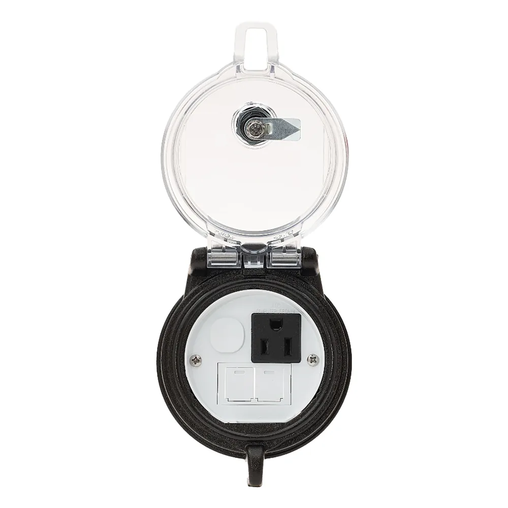 Dispositivo Circular de Puertos de Acceso a Datos, Con Dos Espacios Para Módulos Mini-Com y Un Receptáculo NEMA 5-15R, Protección IP66, de 3" de Diámetro