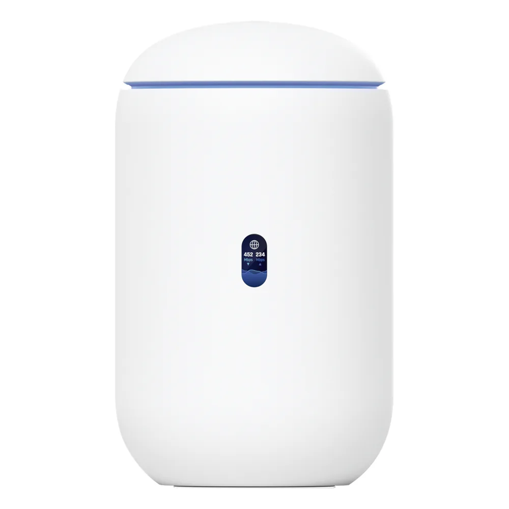 UniFi Dream Router con WiFi 6, 4 puertos LAN Gigabit de los cuales 2 son POE 802.3af. Aplicaciones UniFi Network, Protect y Access pre-instaladas. Pantalla LCD